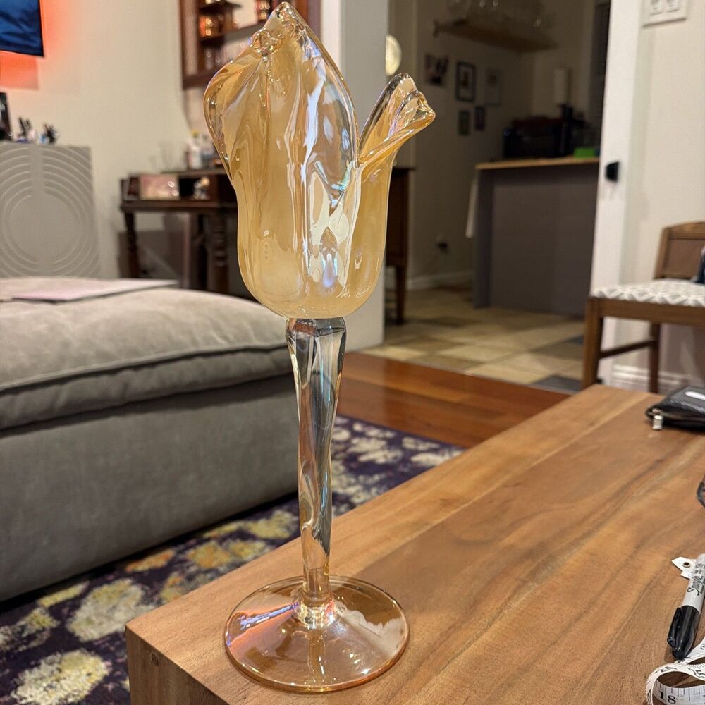 Murano? Art Glass Pillar Candle Holder - Tulip Long Stem - Italy, Crystal